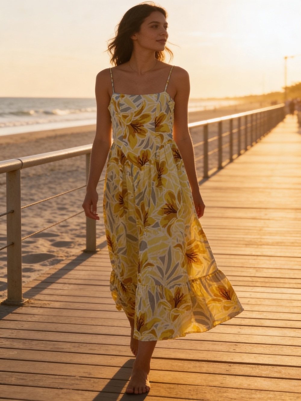 🌸M8-Patrons of Peace Yellow Floral Spaghetti-Strap Midi Dress💛☑️